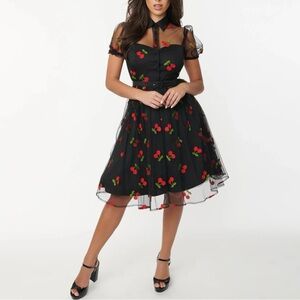 Unique Vintage Black & Red Embroidered Cherry Hollie Swing Dress (S) | NWOT